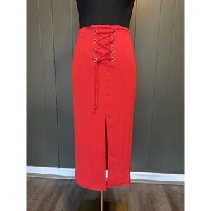 NWT Express Bright Red Lace Up Corset Midi Skirt Women's 2‎